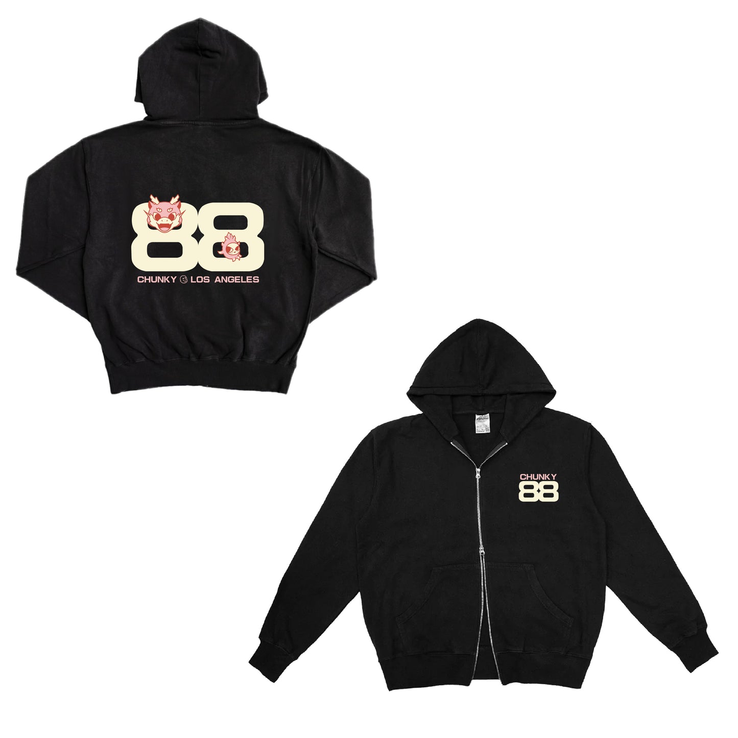 Chunky 88 Dragons Double Zip Hoodie - Black