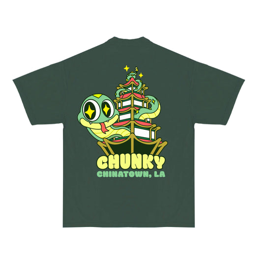 Chunky Snake and Pagoda T-Shirt - Moss