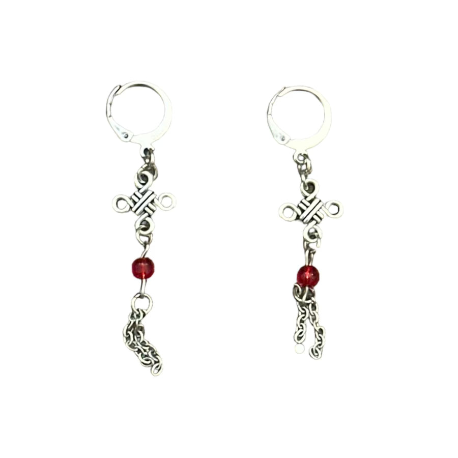 Silver Knot Red Bead Earrings