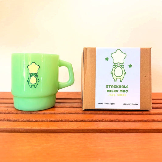 Chunky Frog and Star Stackable Glass Milky Mug - Jade Green