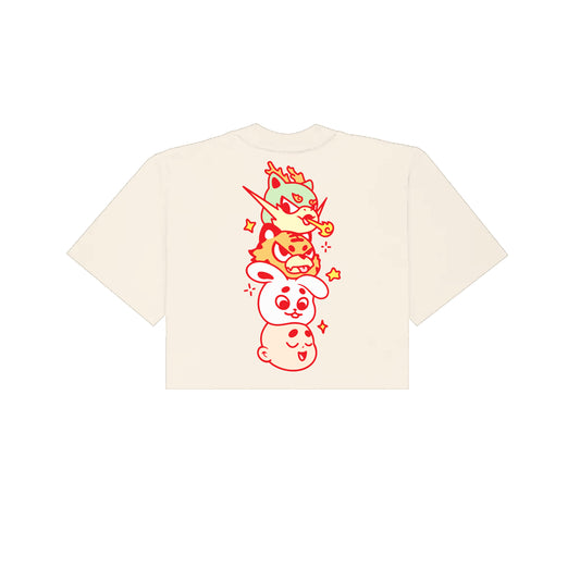 Chunky Mascots Stacking Heads Cropped T-Shirt - Cream