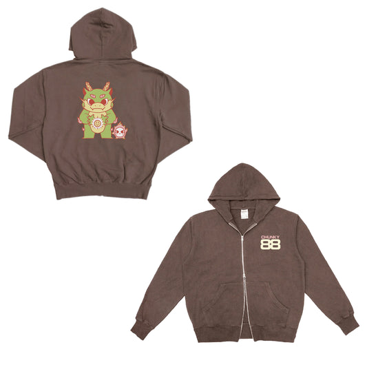 Chunky Dragons Double Zip Hoodie - Mocha