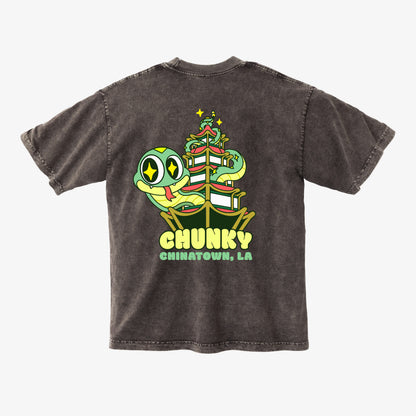 Chunky Snake and Pagoda T-Shirt - Dark Brown Grain