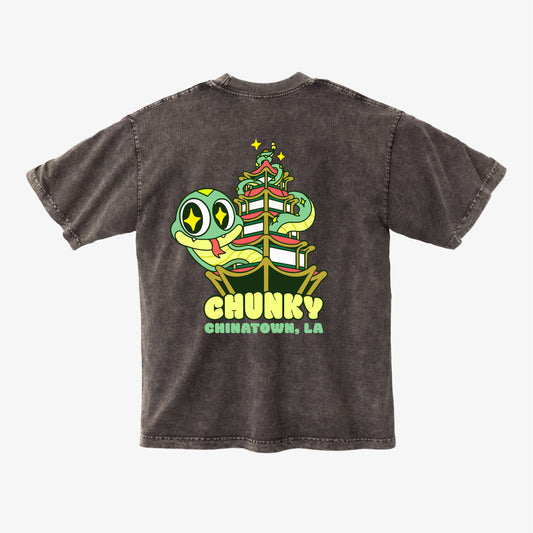 Chunky Snake and Pagoda T-Shirt - Dark Brown Grain