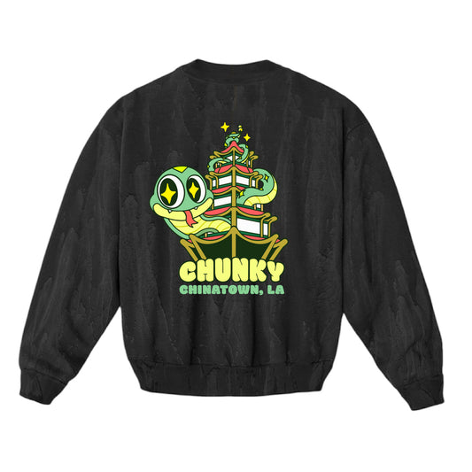 Chunky Snake and Pagoda Heavy Fleece Sweater - Black Wood - PREORDER