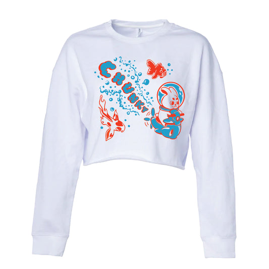 Water Rabbit Cropped Crewneck Sweater- White